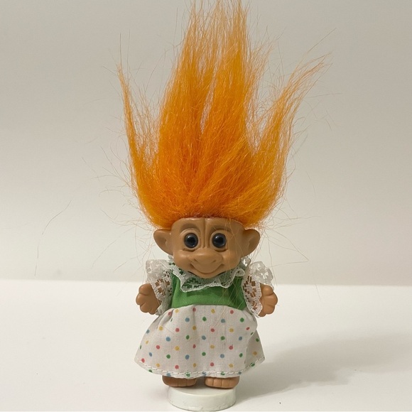 Vintage Troll Doll with Orange Hair Toy on Stand - Picture 1 of 14